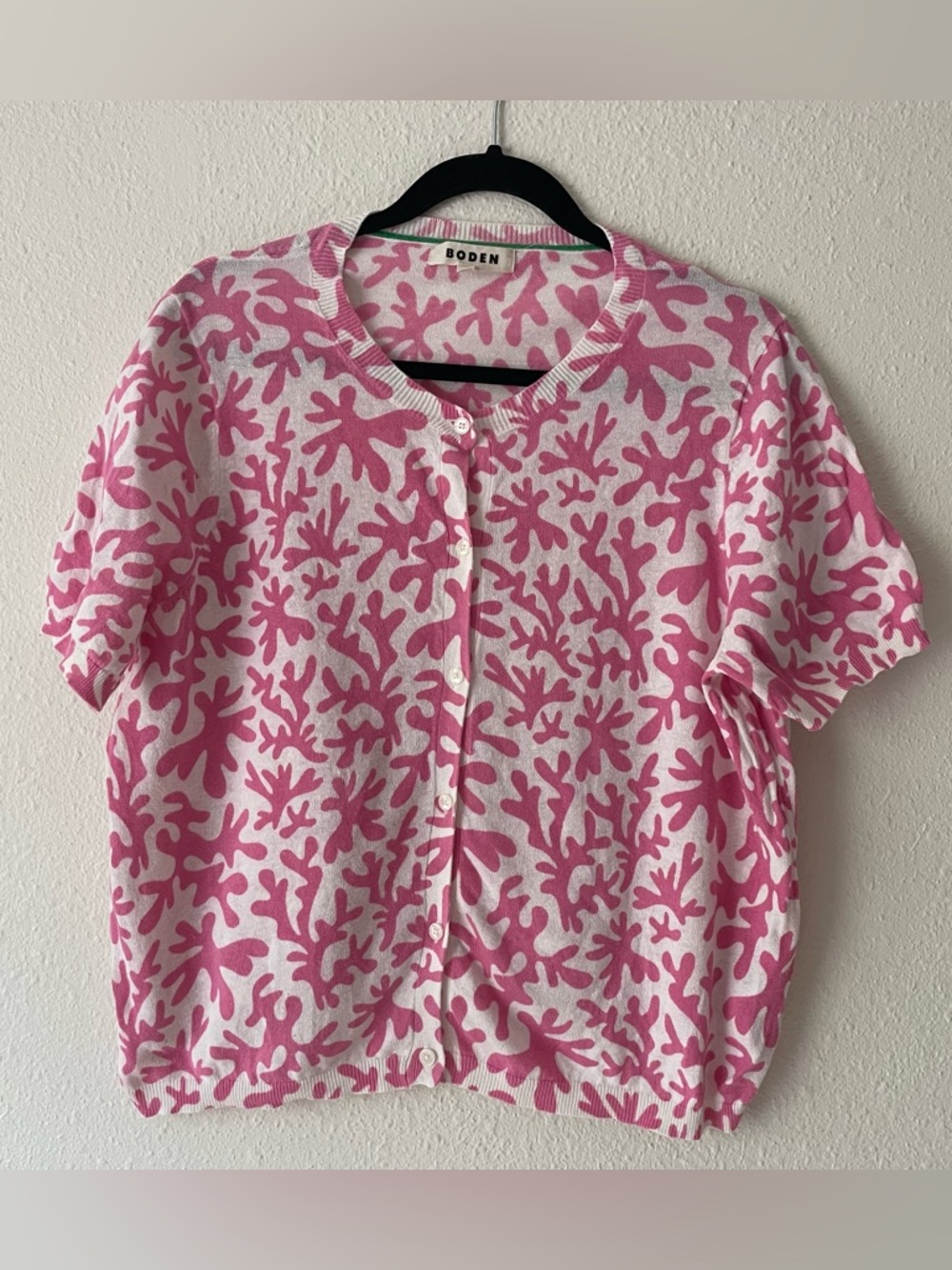 Boden women’s pink coral print linen cotton blend short sleeve cardigan sweater